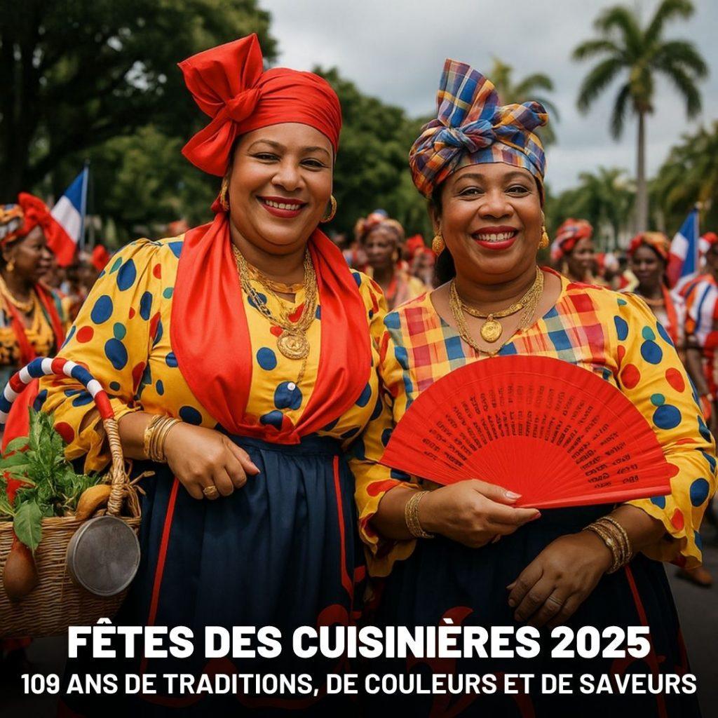 Fête des Cuisinières 2025 à Pointe-à-Pitre, femmes en costume traditionnel créole avec paniers garnis de légumes locaux, défilé haut en couleur et en saveurs célébrant le patrimoine culinaire guadeloupéen.