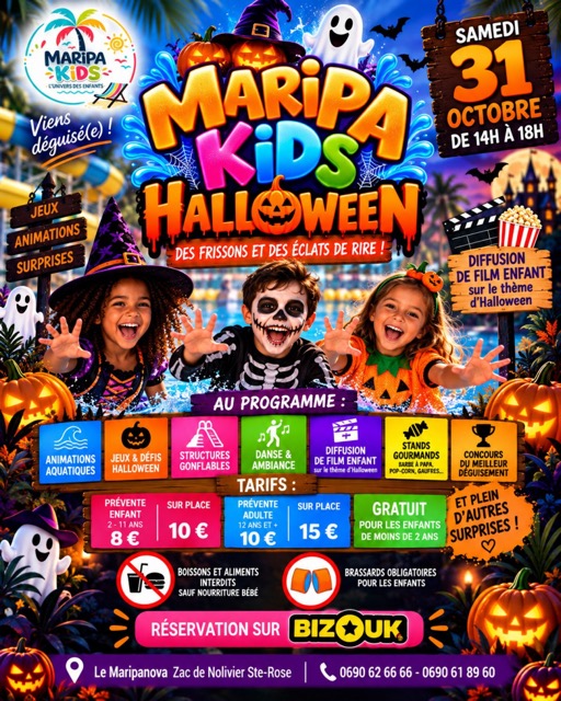 Maripa Kids Halloween le 31 octobre 2026 au Maripanova à Sainte-Rose, Guadeloupe, après-midi Halloween pour les enfants avec animations aquatiques, jeux, structures gonflables, film et concours de déguisement.