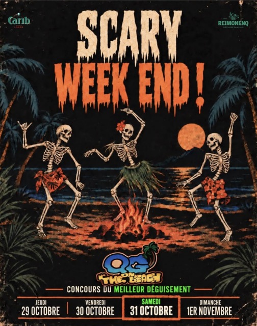 Scary Week End du 29 octobre au 1er novembre 2026 au QG On The Beach au Gosier, Guadeloupe, week-end spécial Halloween avec animations, ambiance festive et concours du meilleur déguisement.