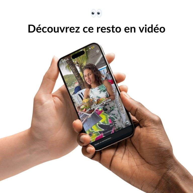 Visuel promotionnel invitant à découvrir en vidéo le restaurant Chez Lèlette à Deshaies en Guadeloupe, avec un reel Instagram présentant une cuisine locale en bord de mer.