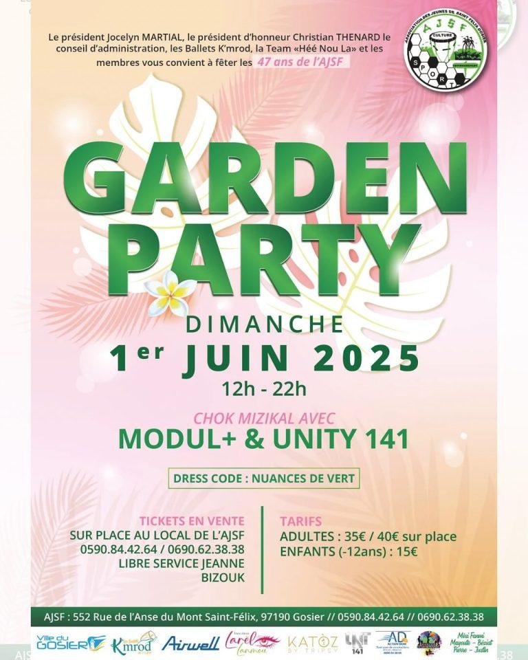 Célébration des 47 ans de l’AJSF avec une Garden Party florale et locale, menu créole avec poisson grillé, coq en fricassée, poulet, cabri et jus locaux. Un événement musical avec les groupes Unity 141 et Modulpluus pour une ambiance festive. Tenue vestimentaire demandée avec des nuances de vert. Un rendez-vous à ne pas manquer à Gosier, Guadeloupe.