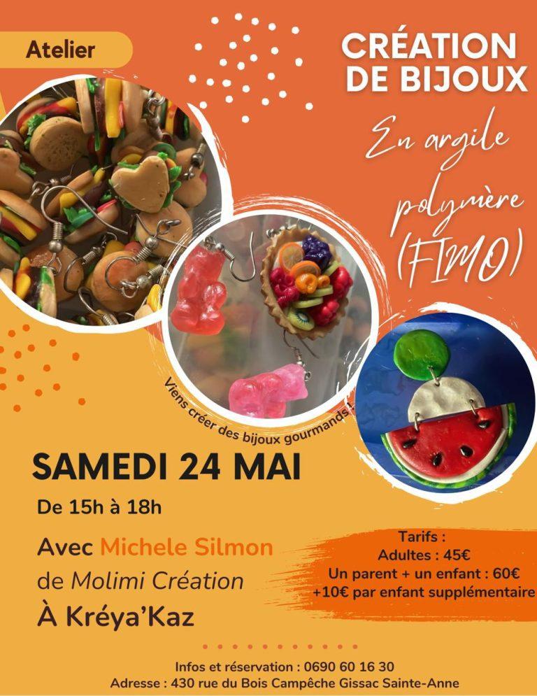 Atelier de création de bijoux gourmands en argile polymère (FIMO) à Kréya’Kaz, Sainte-Anne, le 24 mai de 15h à 18h. Modélage de fruits, légumes et friandises avec 45€ pour 1 adulte, 60€ pour 1 adulte + 1 enfant.