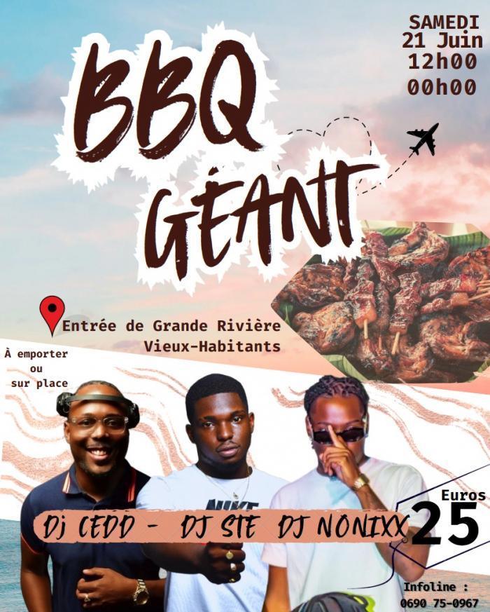 BBQ Géant – Samedi 21 juin 2025 au Sipon, Vieux-Habitants. 3 ambiances musicales : Zouk, Kompa, Afro-Caribbean, et plus. Formules repas à partir de 25€.