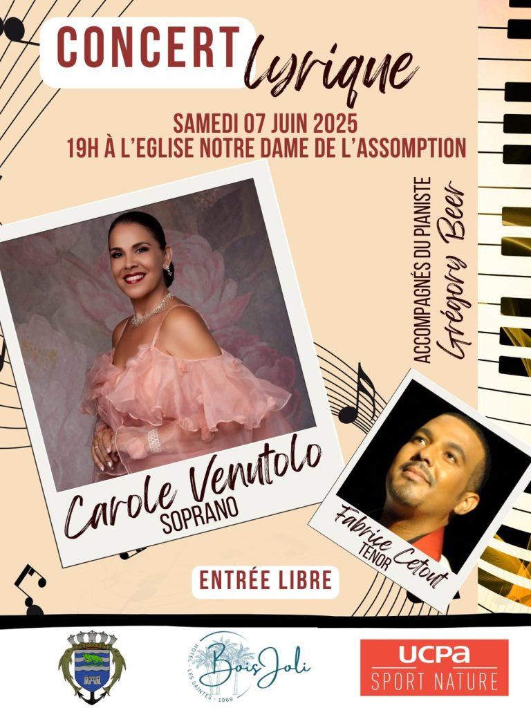 Concert lyrique gratuit à l’église de Terre-de-Haut le samedi 7 juin 2025 avec la soprano Carole Venutolo, le ténor Fabrice Cetout et le pianiste Grégory Beer. Un moment musical exceptionnel en Guadeloupe.