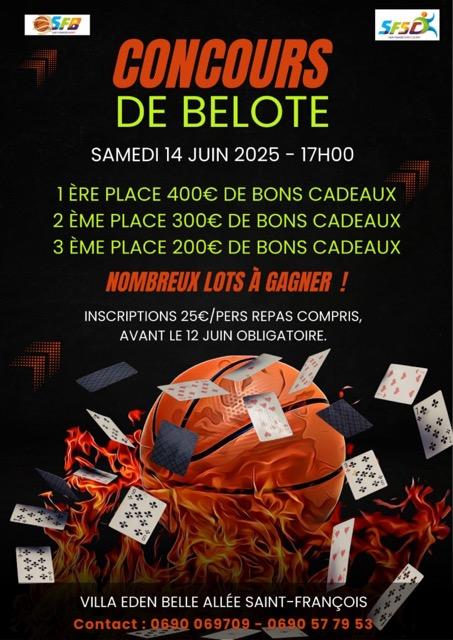 Concours de Belote à la Villa Eden, Saint-François – Samedi 14 juin 2025, avec de nombreux lots à gagner dans une ambiance conviviale.