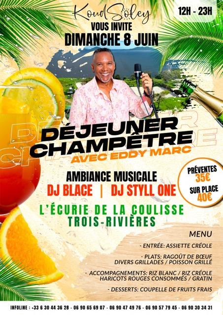 Événement musical et déjeuner champêtre en Guadeloupe : Déjeuner Champêtre by Koud Soley avec Eddy Marc en live, le 8 juin 2025 à l’Écurie de la Coulisse à Trois-Rivières.