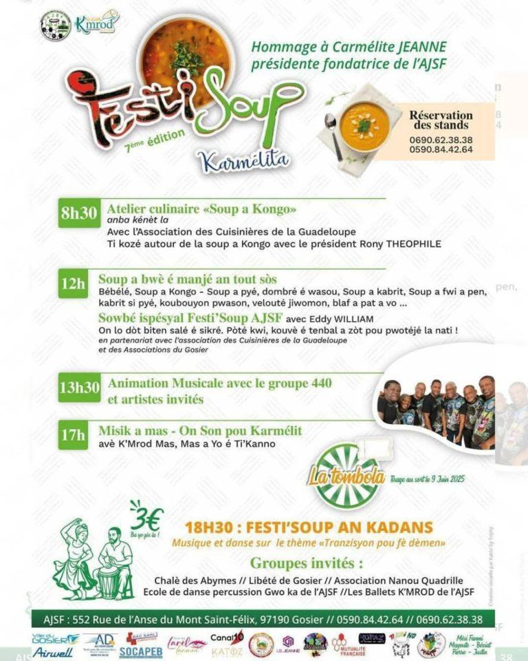 Événement culinaire et culturel en Guadeloupe : le Festisoup Karmélita du 18 mai 2025 à l’association Espace Ajsf à partir de 8h30, avec atelier culinaire, dégustation de soupes créoles et animations musicales.