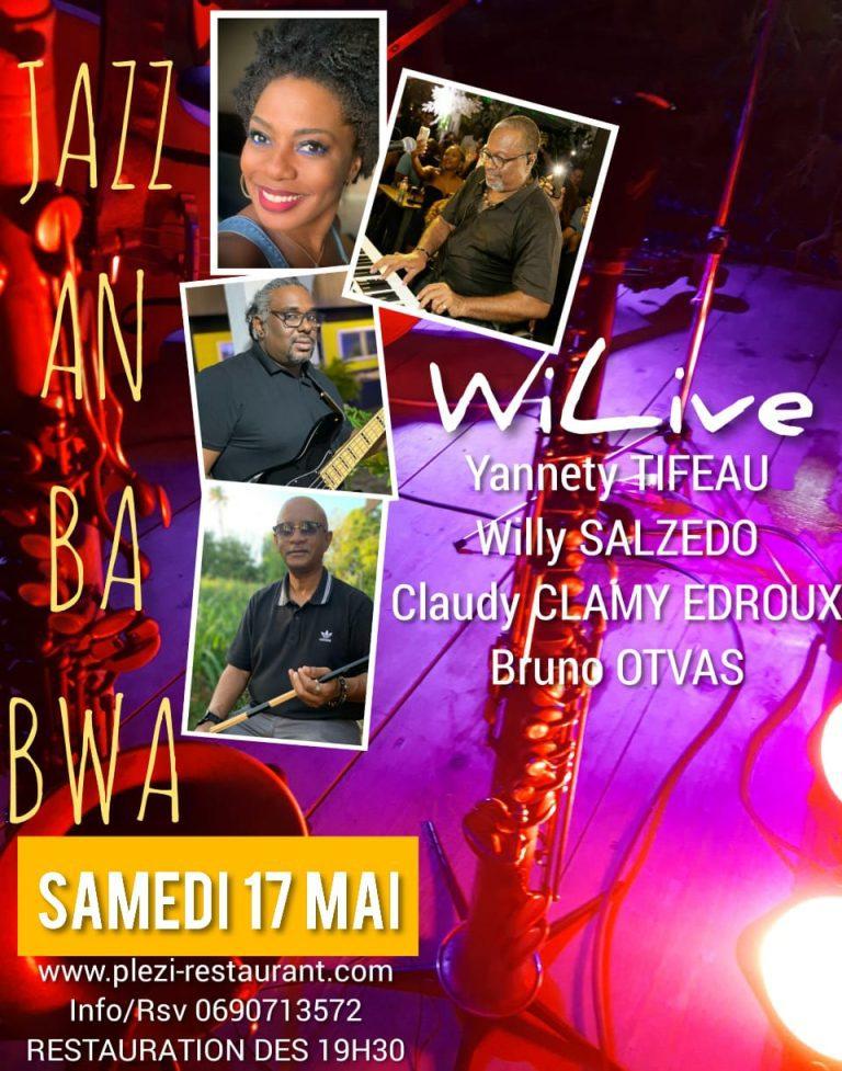 Événement concert en Guadeloupe : Jazz an ba bwa avec le groupe WiLiVE le 17 mai 2025 à Pointe-Noire, dans un cadre naturel en bord de rivière.