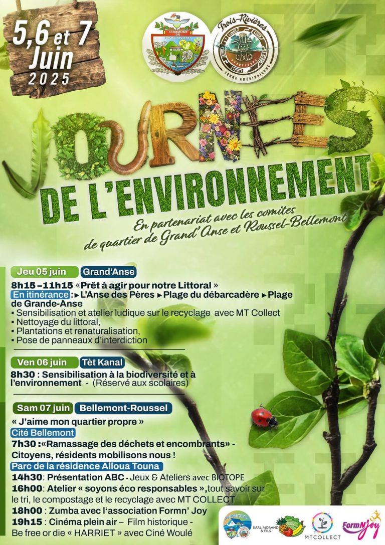 Journées de l’Environnement organisées par la ville de Trois-Rivières du 5 au 7 juin 2025, en partenariat avec les comités de quartier de Grand’Anse et Roussel-Bellemont. Actions collectives, respect de la nature et solidarité au cœur de l’événement.
