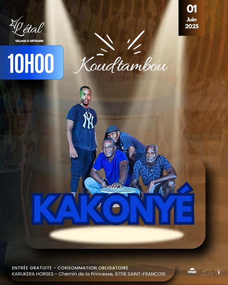Événement musical en Guadeloupe : performance du groupe KAKONYÉ à Saint-François le 1er juin 2025 dans le cadre de Koudtambou au Karukera Horses