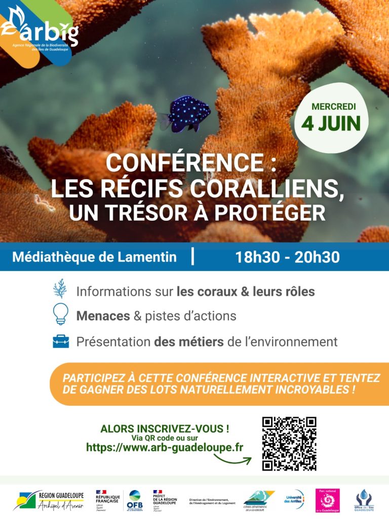 Conférence participative sur les récifs coralliens le 4 juin 2025 à 18h30 à la médiathèque du Lamentin. Venez découvrir l’importance des récifs et comment les protéger. Entrée gratuite avec des lots à gagner.