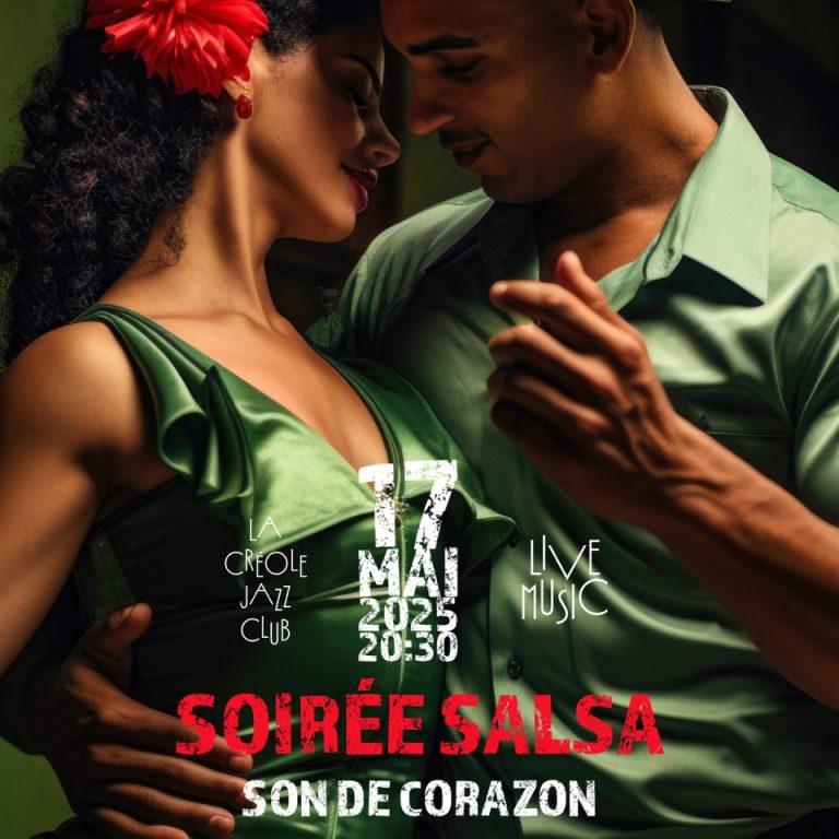 Événement dancing en Guadeloupe : Soirée salsa 100% live avec le groupe Son de Corazon le 17 mai 2025 au Créole Jazz Club – plus de deux heures de musique festive.
