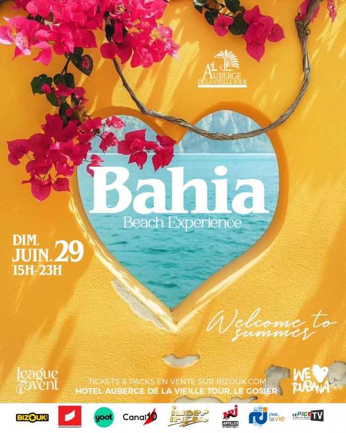 Événement Bahia Beach Experience à l’Hôtel Auberge de la Vieille Tour au Gosier, le dimanche 29 juin 2025 de 15h à 23h, dans une ambiance estivale en bord de mer avec billetterie sur Bizouk.