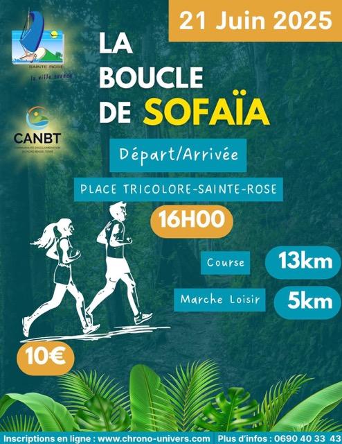 Course et marche La Boucle de Sofaïa le 21 juin 2025 à Sainte-Rose, avec un parcours de 13 km pour les coureurs et 5 km pour la marche loisir. Départ à 16h depuis la place Tricolore.