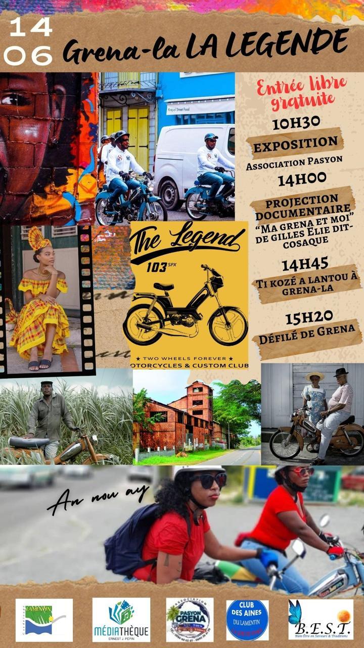 Événement Grena-la LA LÉGENDE au Lamentin le samedi 14 juin 2025, avec exposition, projection documentaire, causerie et défilé de mobylettes dans une ambiance patrimoniale et festive.