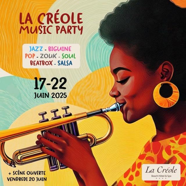 Festival La Créole Music Party du 17 au 22 juin 2025 au Gosier avec jazz, biguine, pop, zouk, soul, beatbox et salsa. Scène ouverte le vendredi 20 juin.
