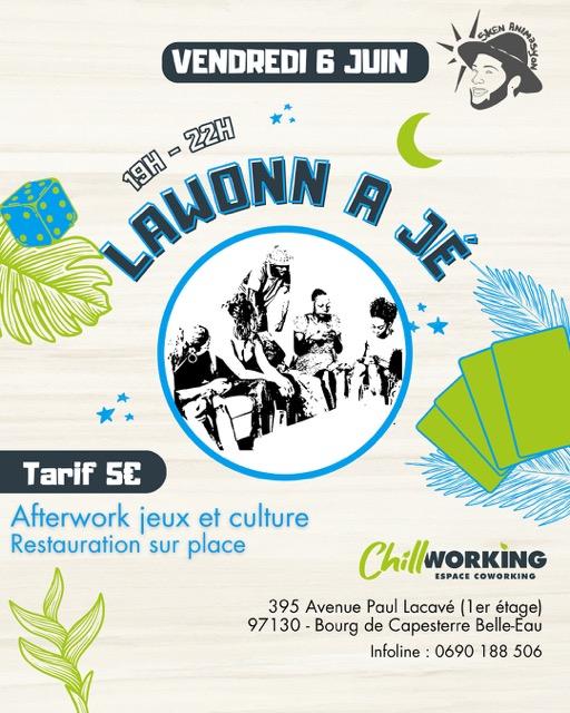 Le vendredi 6 juin 2025, participez à l’afterwork “Lawonn A Jé” à Chillworking, Capesterre Belle-Eau. Profitez de jeux, culture créole et restauration sur place pour un moment convivial de 19h à 22h.