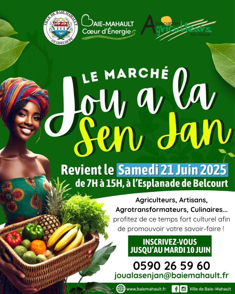 Le Marché Jou à la Sen Jan revient le samedi 21 juin 2025 à l’Esplanade de Belcourt à Baie-Mahault, de 7h à 15h. Un événement mettant en avant les agriculteurs, artisans, agrotransformateurs et culinaires pour promouvoir leur savoir-faire.