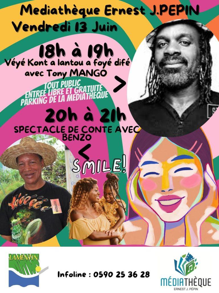 À la Médiathèque Ernest J. Pépin le vendredi 13 juin 2025, un événement en deux parties : de 18h à 19h, Tony Mango proposera un moment de “Vèyé Kont a lantou a foyé difé”, suivi d’un spectacle de conte avec Benzo de 20h à 21h. Entrée libre et gratuite, parking disponible à la médiathèque.
