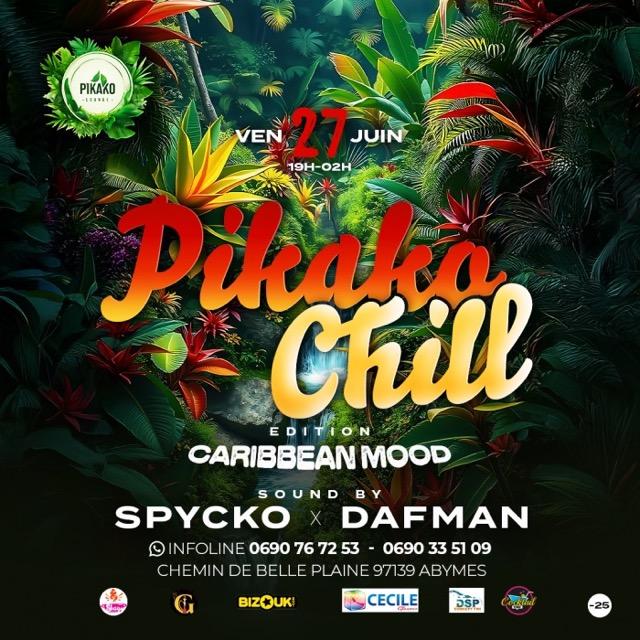 Soirée Pikako Chill, édition Caribbean Mood avec Spycko et Dafman aux platines, le 27 juin 2025 de 19h à 2h, à Chemin de Belle Plaine, Les Abymes en Guadeloupe.