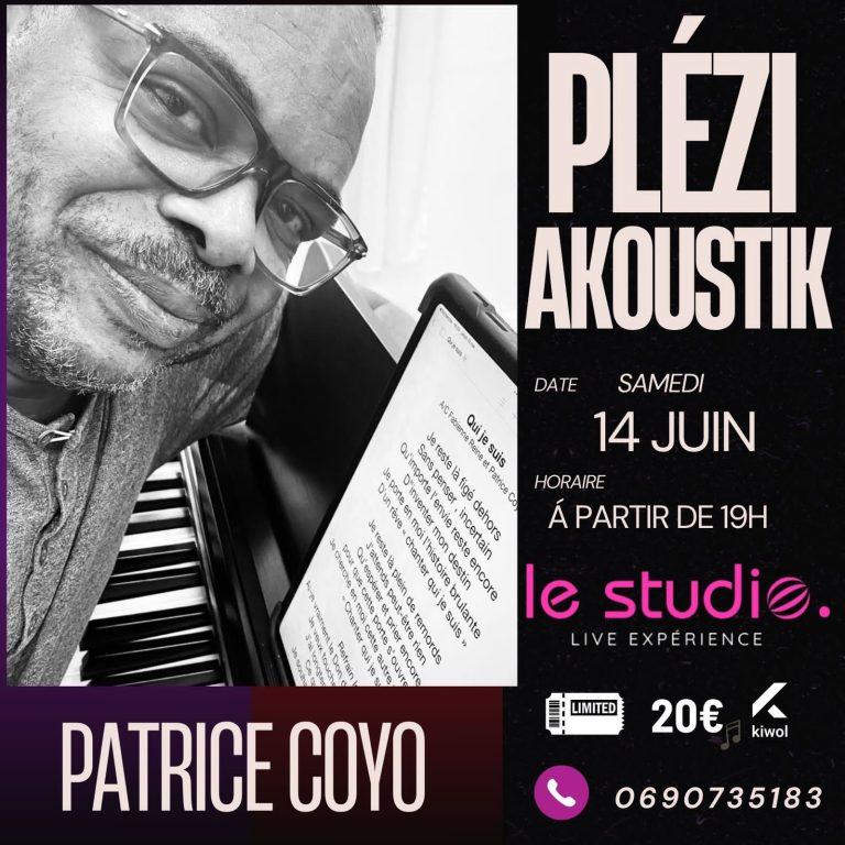 Concert acoustique de Patrice Coyo le 14 juin 2025 au Studio, dans une ambiance intime et musicale à partir de 19h.Concert acoustique de Patrice Coyo le 14 juin 2025 au Studio, dans une ambiance intime et musicale à partir de 19h.