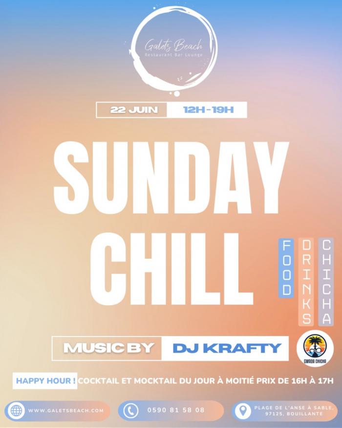 Sunday Chill au Galets Beach à Bouillante le 22 juin 2025 de 12h à 19h avec DJ Krafty. Ambiance détente avec cocktails, mocktails, chicha et happy hour entre 16h et 17h sur la plage de l’Anse à Sable.