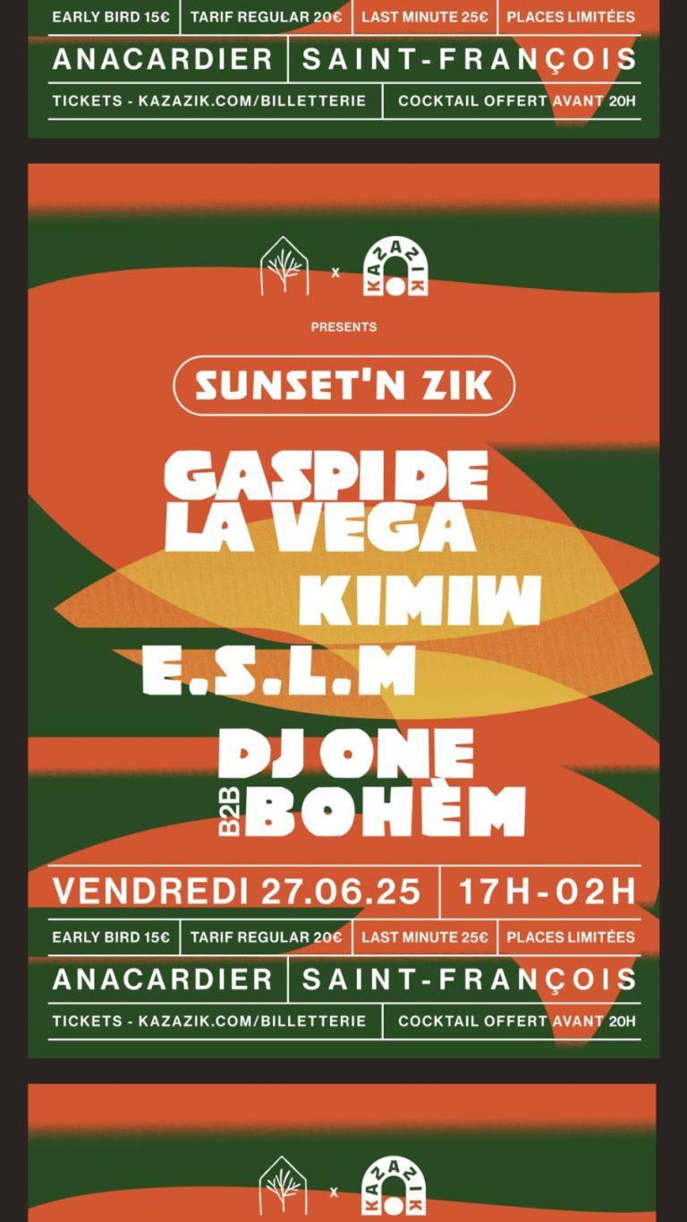 Sunset’n Zik à l’Anacardier à Saint-François le vendredi 27 juin 2025 de 17h à 2h avec Gaspi de la Vega, Kimiw, E.S.L.M, DJ One B2B Bohèm. Ambiance musicale festive avec cocktail offert avant 20h.