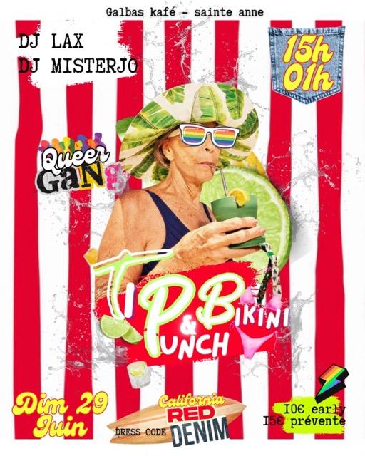 Événement TIP BIKINI & PUNCH à Sainte-Anne au Galbas Kafé le dimanche 29 juin 2025 de 15h à 01h, ambiance festive avec DJ LAX et DJ MisterJo, dress code rouge et denim, tarifs early 10€ et prévente 15€.
