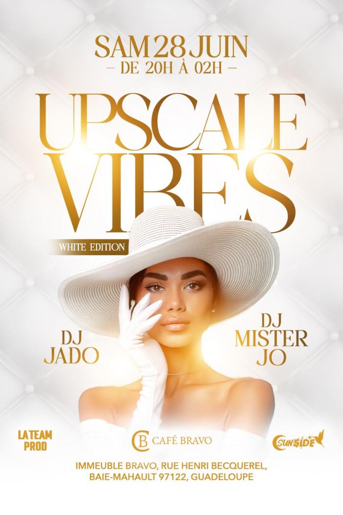 Soirée élégante White Edition “Upscale Vibes” avec DJ Jado et DJ Mister Jo le samedi 28 juin 2025 de 20h à 2h au Café Bravo à Baie-Mahault, Guadeloupe. Dress code blanc dans une ambiance chic.