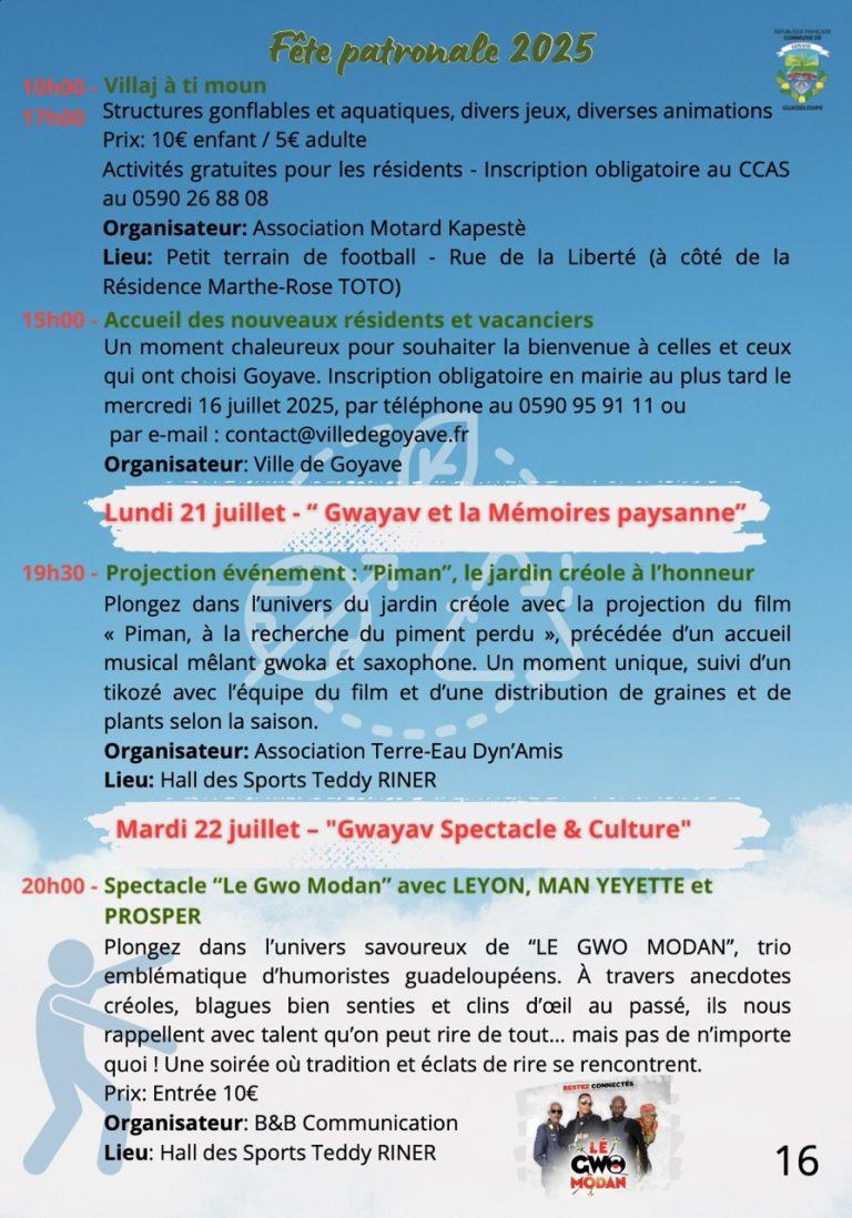 Fête Patronale de Goyave 2025 sur le thème “Vivons une Aventure Économique”, un mois d’animations autour de l’économie durable du 6 juillet au 7 août 2025 en Guadeloupe.