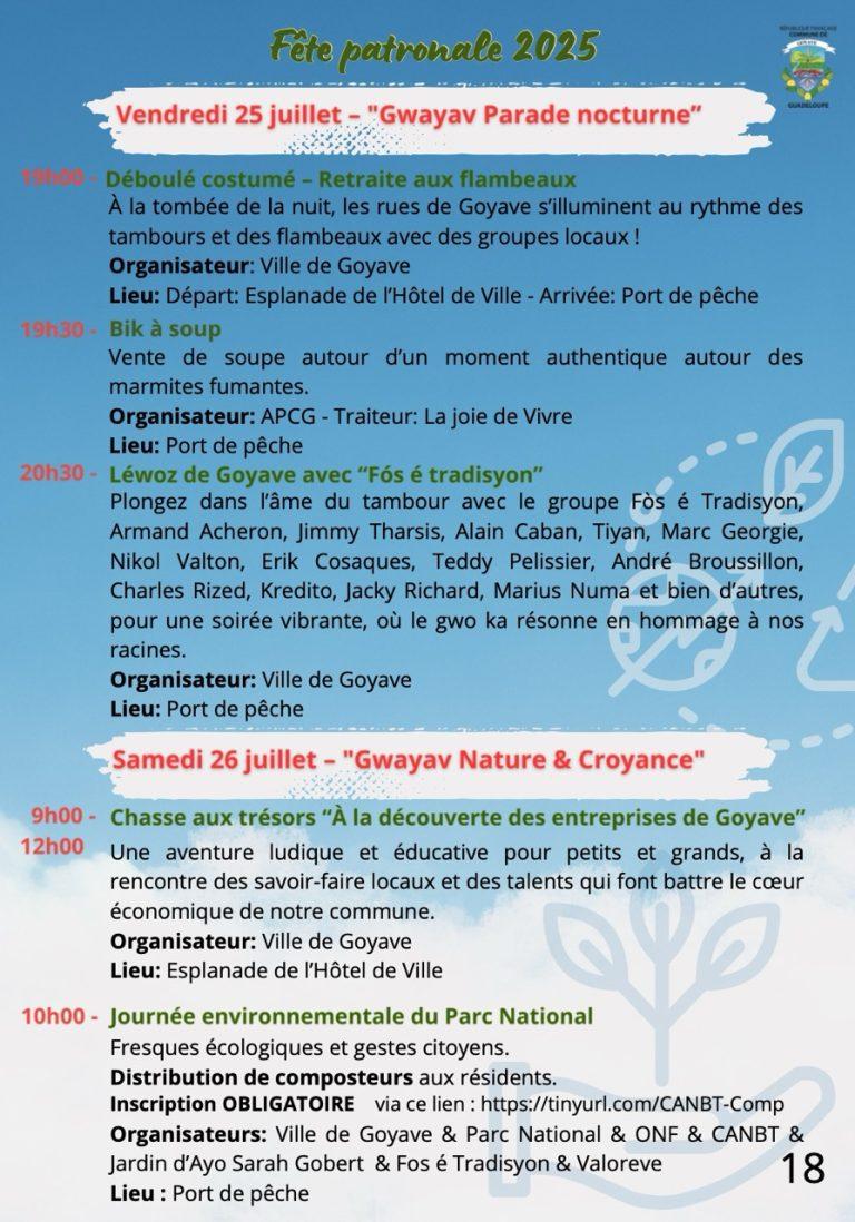 Fête Patronale de Goyave 2025 sur le thème “Vivons une Aventure Économique”, un mois d’animations autour de l’économie durable du 6 juillet au 7 août 2025 en Guadeloupe.