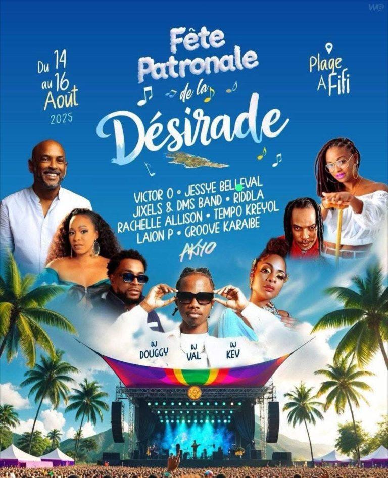 Fête patronale de La Désirade le 15 août 2025 avec défilé, allocutions, déjeuner convivial et remise de diplômes. Une journée sous le thème « Au cœur des traditions, l’âme de La Désirade ».