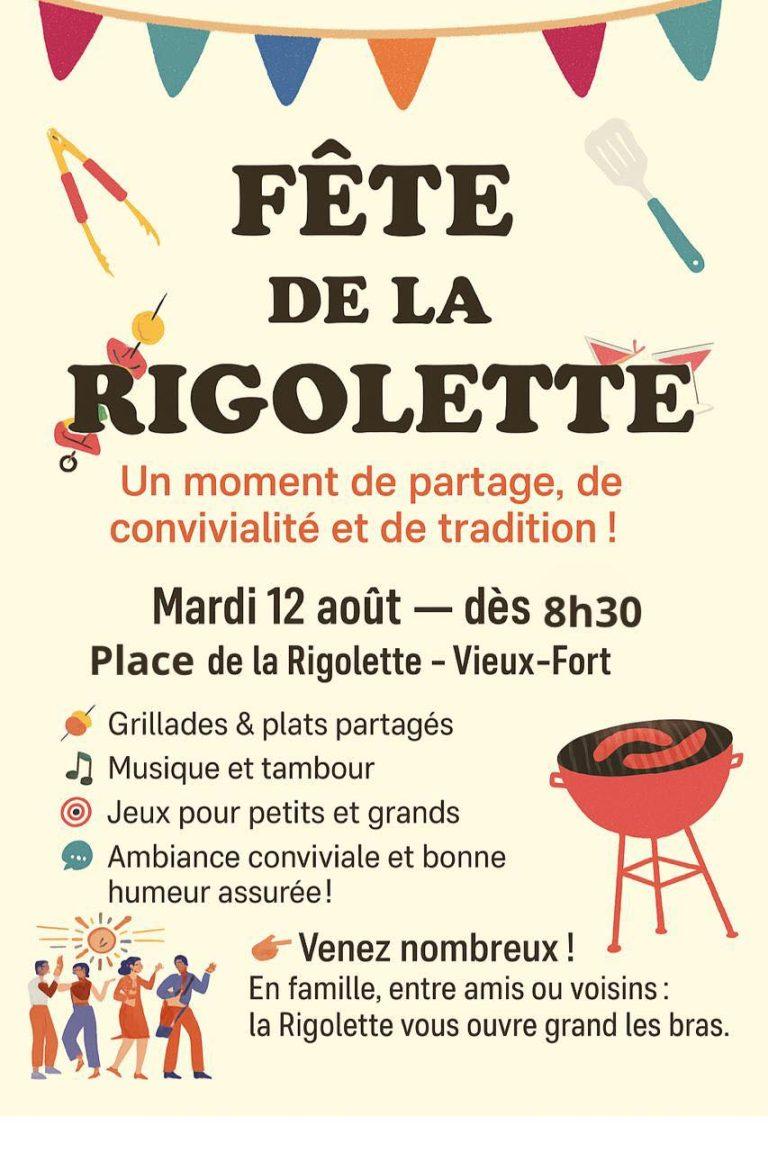 Fête de la Rigolette le 12 août 2025 à Vieux-Fort avec grillades, musique, jeux, plats partagés et ambiance festive dès 8h30 sur la place du quartier.