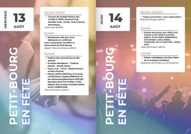 Fête patronale de Petit-Bourg du 7 au 16 août 2025 avec concerts live, bal public, animations pour enfants, jeux gonflables, spectacles, art, sport et feux d’artifice.