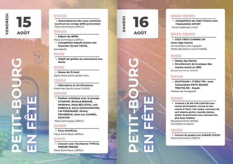 Fête patronale de Petit-Bourg du 7 au 16 août 2025 avec concerts live, bal public, animations pour enfants, jeux gonflables, spectacles, art, sport et feux d’artifice.