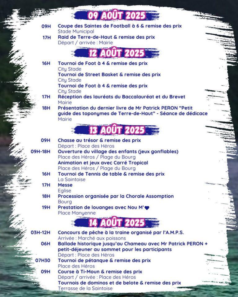 Fête patronale de Terre-de-Haut du 9 au 16 août 2025, célébrée sur l’eau avec des régates traditionnelles et des animations festives dans un cadre exceptionnel aux Saintes.