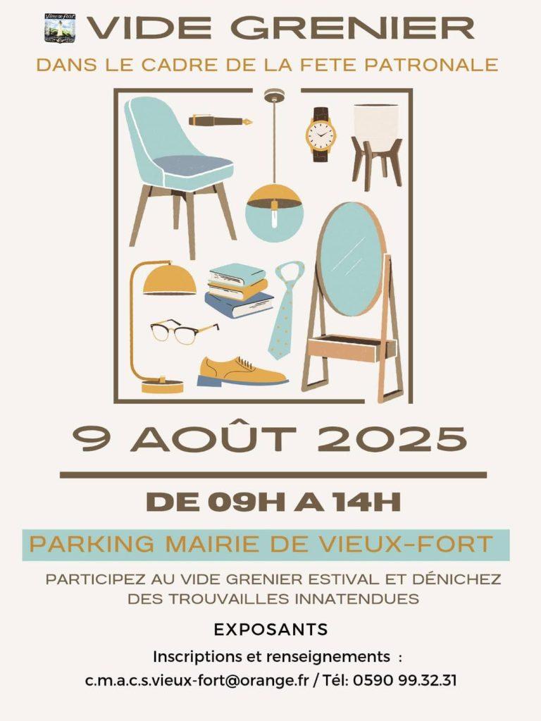 Vide grenier le 9 août 2025 à Vieux-Fort dans le cadre de la fête patronale. Objets déco, livres, vêtements et trouvailles inattendues à chiner sur le parking de la mairie.