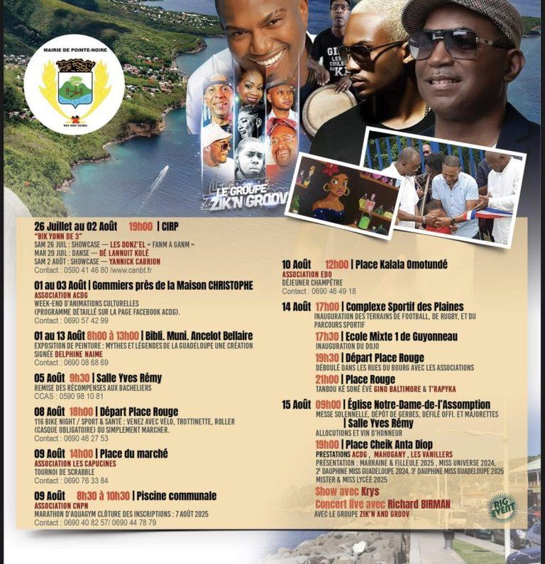 Fête patronale 2025 de Pointe-Noire du 26 juillet au 24 août, sous le parrainage de Joachimne Largitte et Pamela Obertan. Un événement communal festif et traditionnel en Guadeloupe.