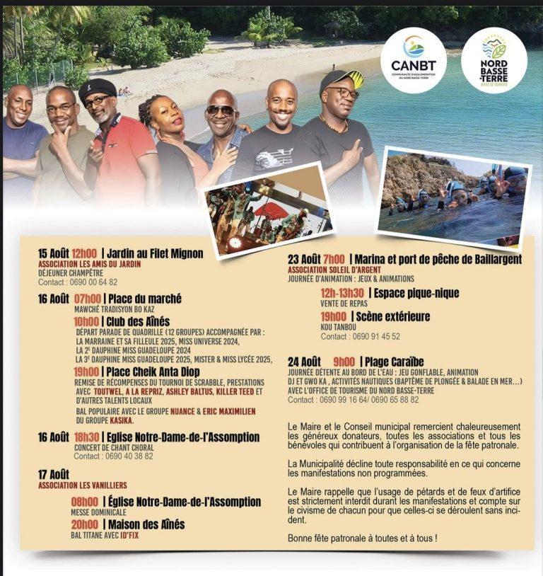 Fête patronale 2025 de Pointe-Noire du 26 juillet au 24 août, sous le parrainage de Joachimne Largitte et Pamela Obertan. Un événement communal festif et traditionnel en Guadeloupe.