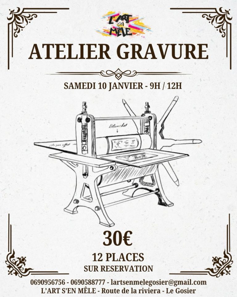 Atelier gravure artistique le samedi 10 janvier de 9h à 12h à L’Art s’en Mêle au Gosier en Guadeloupe. Atelier créatif accessible sur réservation, 12 places disponibles, matériel fourni, tarif 30 euros par personne.