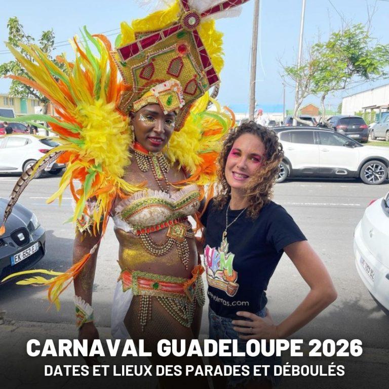 Carnaval Guadeloupe 2026 avec une carnavalière en costume traditionnel lors d’un déboulé festif. Dates, lieux des parades et défilés du Carnaval en Guadeloupe 2026, événement culturel majeur de l’archipel.