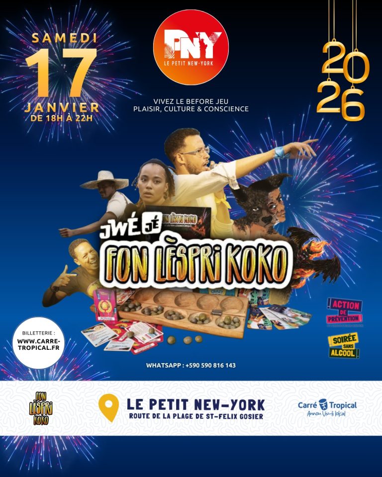 Soirée Jwèjè Fon Lèspri Koko avec animations culturelles, jeux traditionnels et ambiance festive, samedi 17 janvier 2026 de 18h à 22h au Petit New-York, route de la plage de Saint-Félix au Gosier, Guadeloupe.