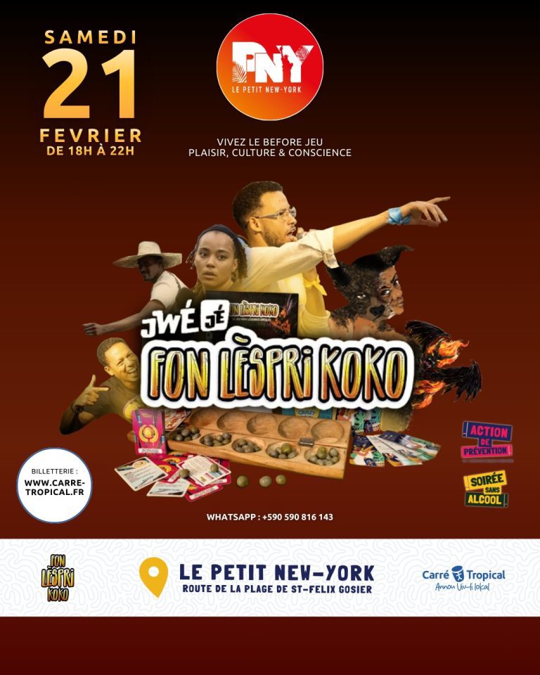 Soirée Jwèjè Fon Lèspri Koko avec jeux traditionnels, animations culturelles et ambiance festive, samedi 21 février 2026 de 18h à 22h au Petit New-York, route de la plage de Saint-Félix au Gosier, Guadeloupe.