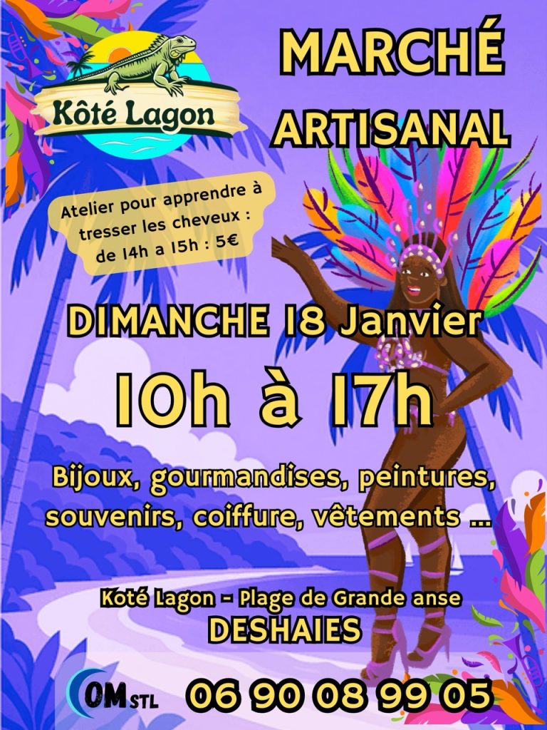 Marché artisanal à Kôté Lagon sur la plage de Grande Anse à Deshaies le dimanche 18 janvier 2026 de 10h à 17h, avec bijoux, gourmandises, peintures, souvenirs, coiffure, vêtements et atelier pour apprendre à tresser les cheveux de 14h à 15h.