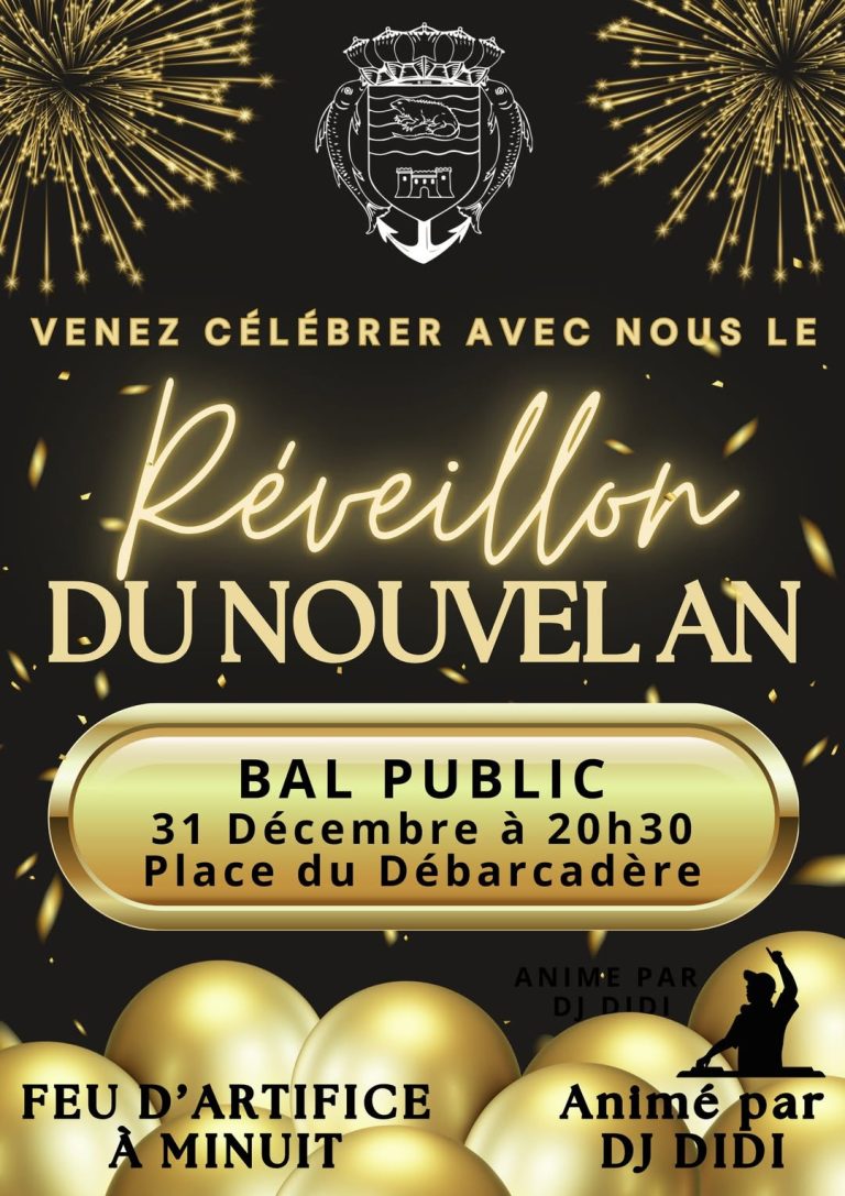 Bal public du Réveillon du Nouvel An le 31 décembre à partir de 20h30 à la Place du Débarcadère, soirée festive animée par DJ Didi avec feu d’artifice à minuit, ambiance populaire pour célébrer le passage à la nouvelle année.