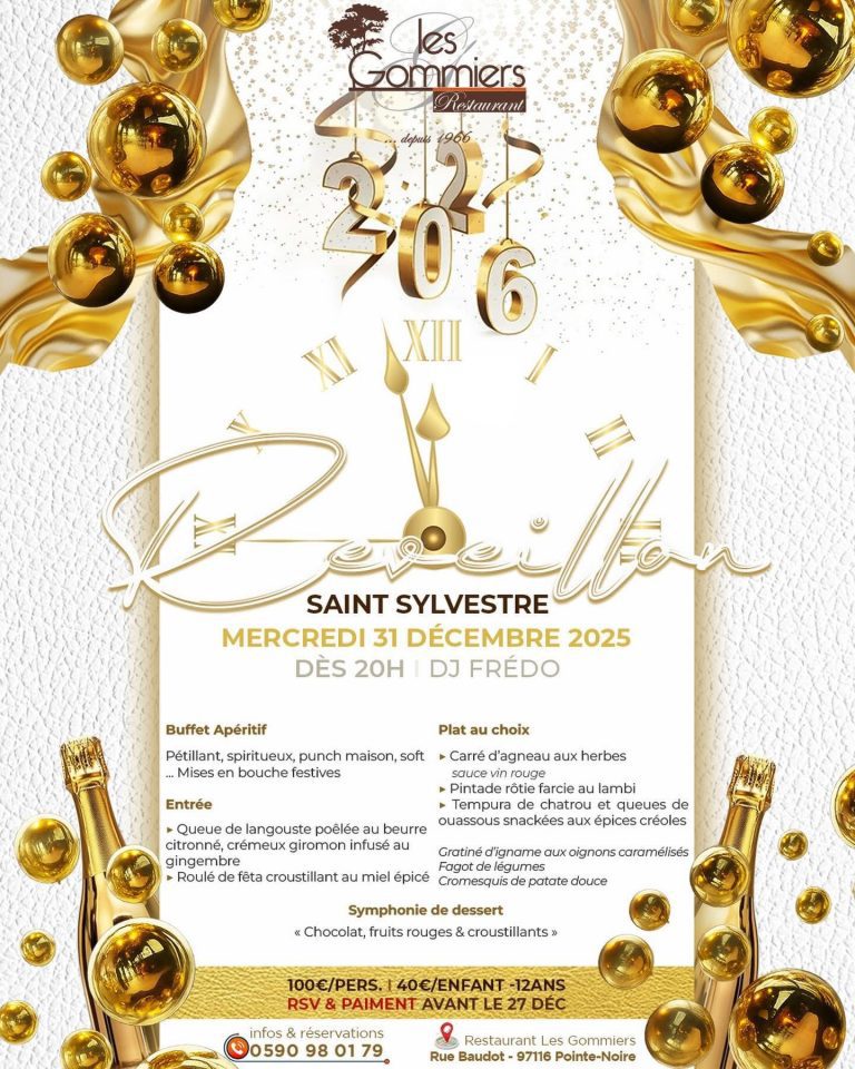 Réveillon de la Saint-Sylvestre 2025 au restaurant Les Gommiers à Pointe-Noire avec buffet apéritif, entrée, plat au choix et dessert, soirée animée par DJ Frédo pour célébrer le Nouvel An dans une ambiance festive et élégante.
