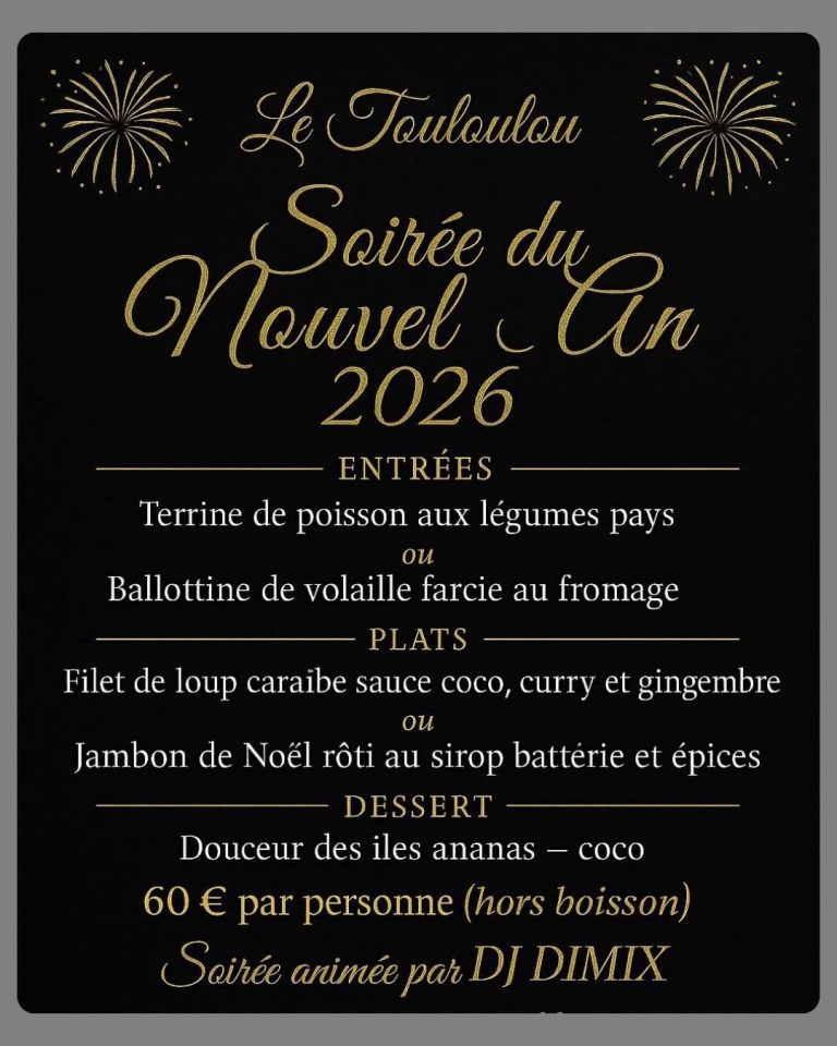 Soirée du Nouvel An 2026 au restaurant Le Touloulou avec menu festif entrée, plat et dessert, animation musicale assurée par DJ Dimix pour célébrer le réveillon dans une ambiance élégante et conviviale.