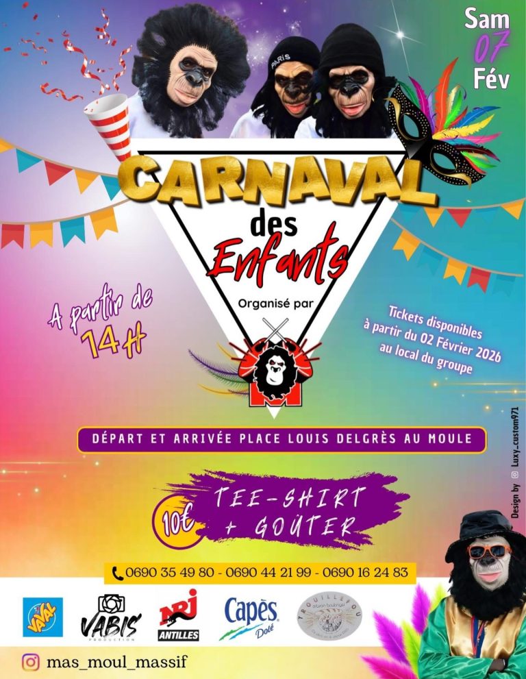 Carnaval des enfants au Moule le samedi 7 février 2026 à partir de 14h, départ et arrivée place Louis Delgrès, défilé carnavalesque pour les enfants avec tee-shirt et goûter inclus.