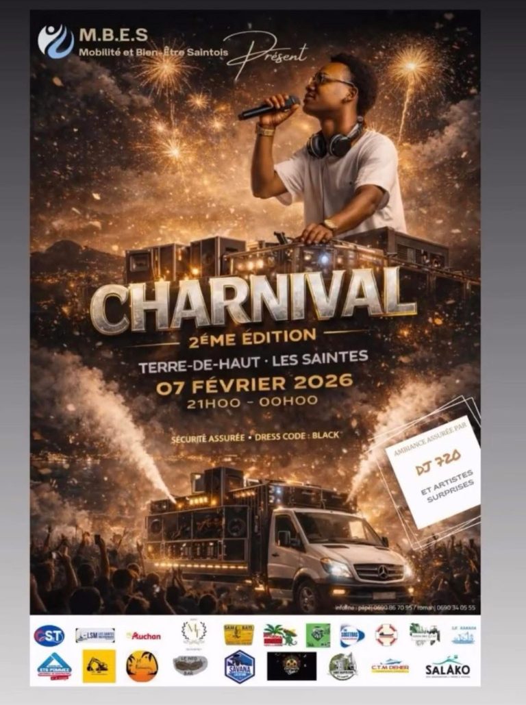Soirée Charnival 2e édition à Terre-de-Haut aux Saintes le samedi 7 février 2026, événement festif avec DJ, sound system mobile, ambiance carnaval nocturne et dress code noir.