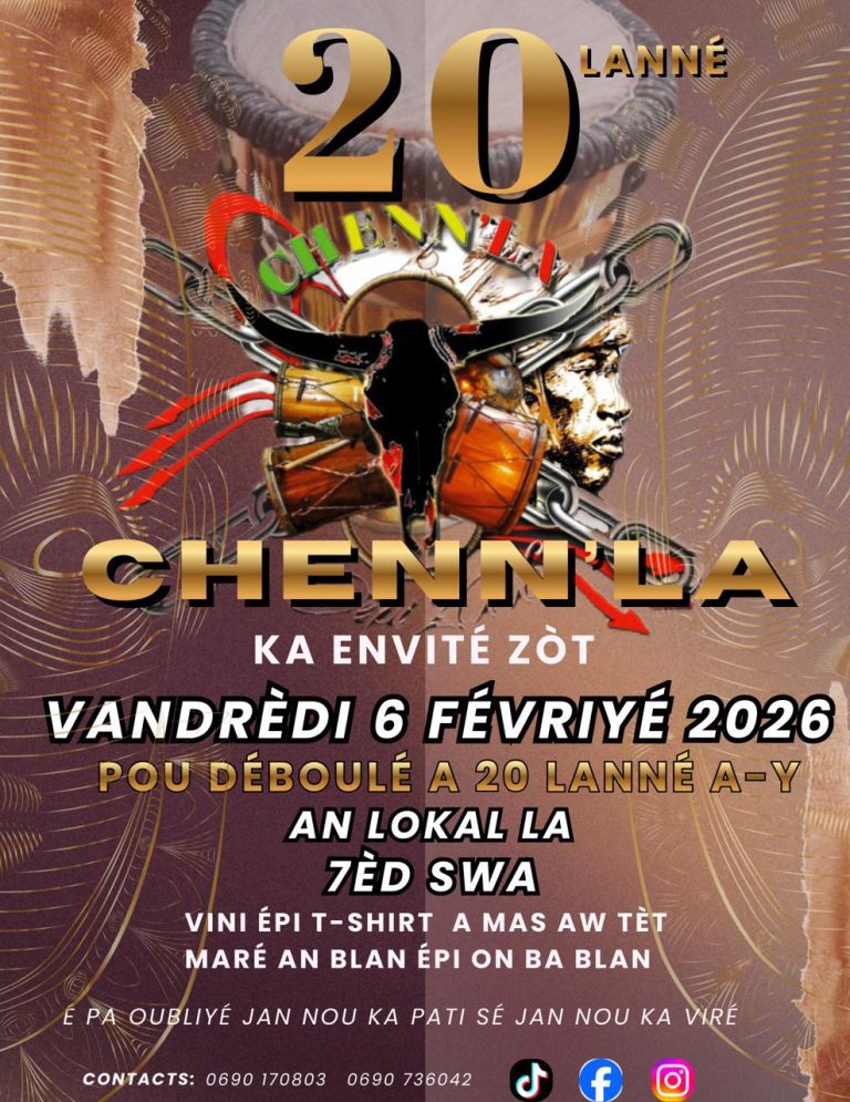 Déboulé carnaval Chenn’La pour ses 20 ans le vendredi 6 février 2026, groupe à po, ka et percussions, rendez-vous de nuit pour un déboulé traditionnel en Guadeloupe.